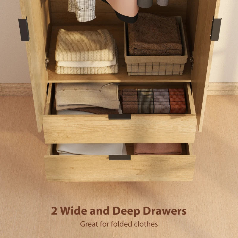 Modern Wardrobe Closet, Freestanding Armoire with Soft-Close Doors, 2 Drawers and Hanging Rod for Bedroom, Natural