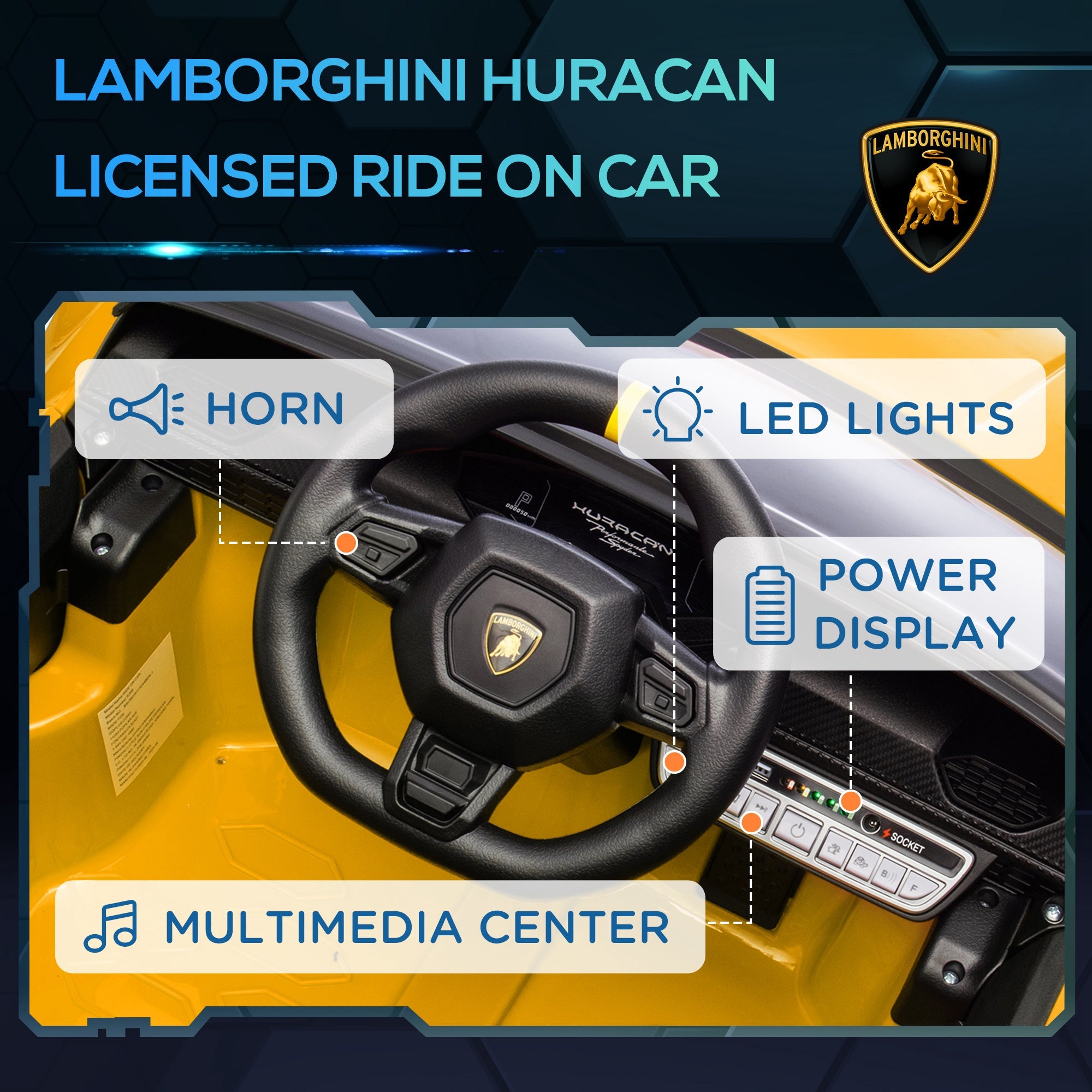 Qaba 12V Lamborghini Huracan Licensed Kids Electric Car with Remote Control, Spring Suspension, Transport Wheels, Yellow 