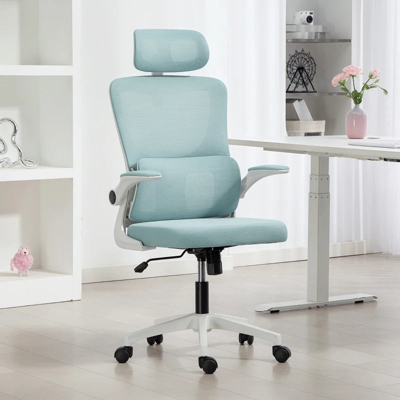 High Back Office Chair, Mesh Computer Chair with Rotatable Headrest, Lumbar Back Support, Adjustable Height, Light Blue
