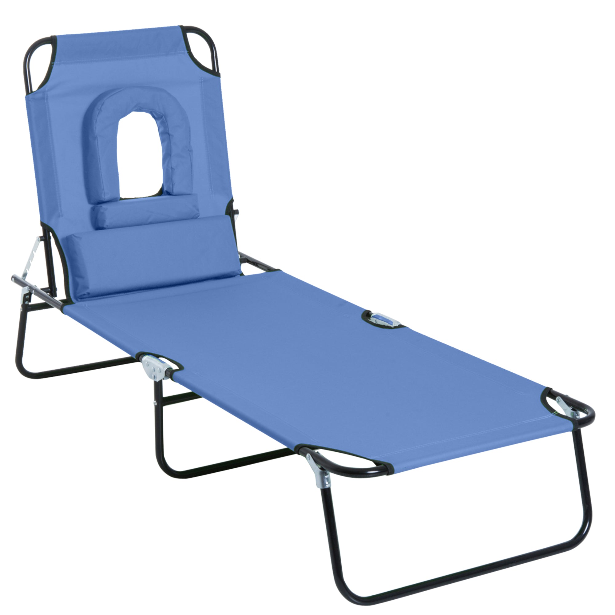Outsunny Adjustable Garden Sun Lounger w/ Reading Hole Outdoor Reclining Seat Folding Camping Beach Lounging Bed Blue 