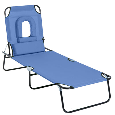Outsunny Adjustable Garden Sun Lounger w/ Reading Hole Outdoor Reclining Seat Folding Camping Beach Lounging Bed Blue 