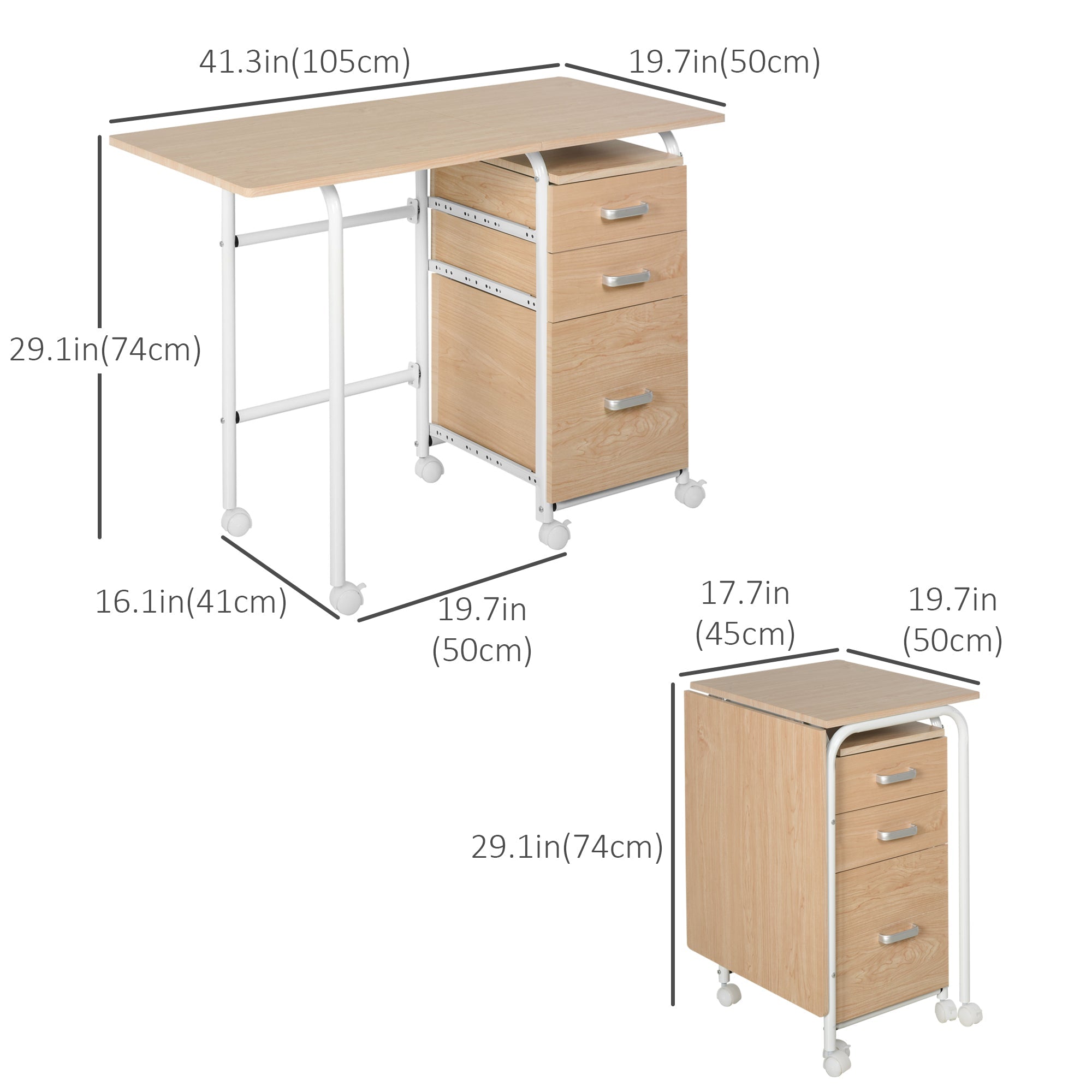 HOMCOM Foldable Desk: Drawers, Storage Shelf, Home Office Workstation, 6 Wheels, Space Saving 