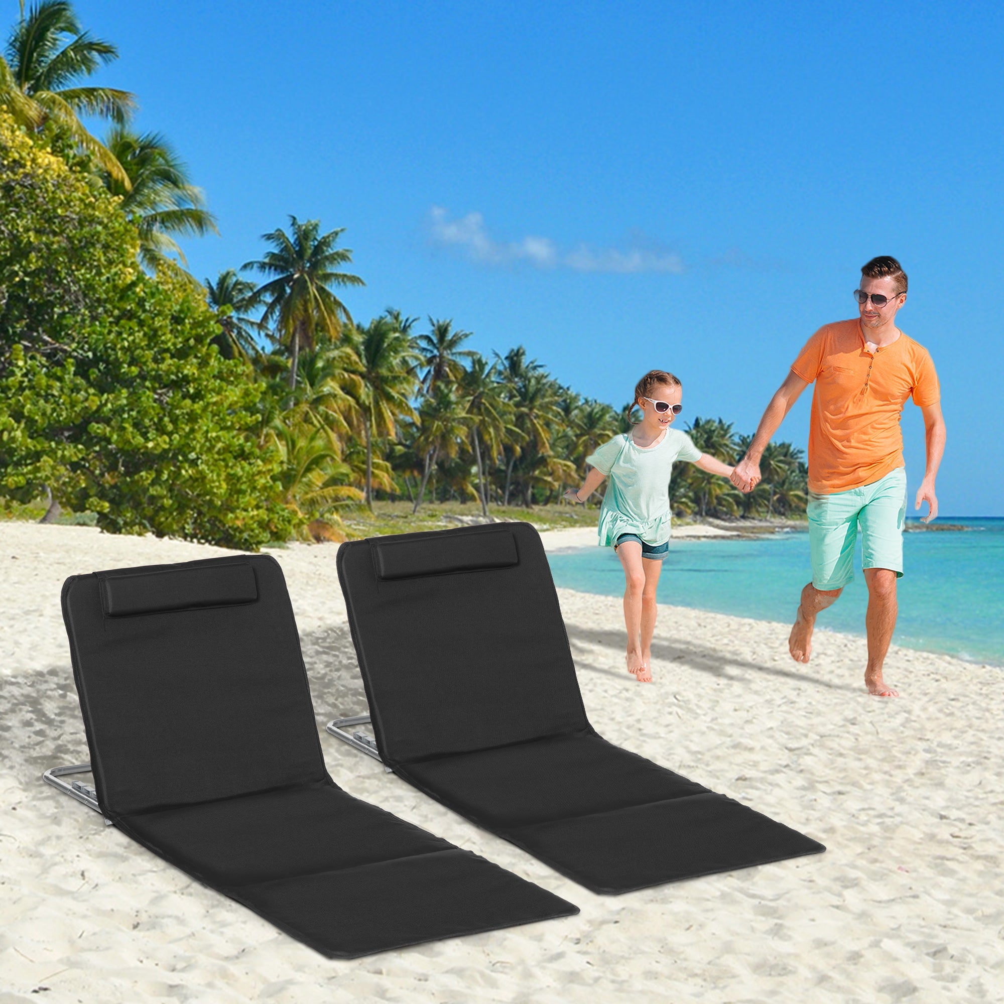 Outsunny 2 Pieces Beach Lounge Chair, Outdoor Folding Chaise Lounge Set w/ Pillow for Sunbath, Snap, Black 