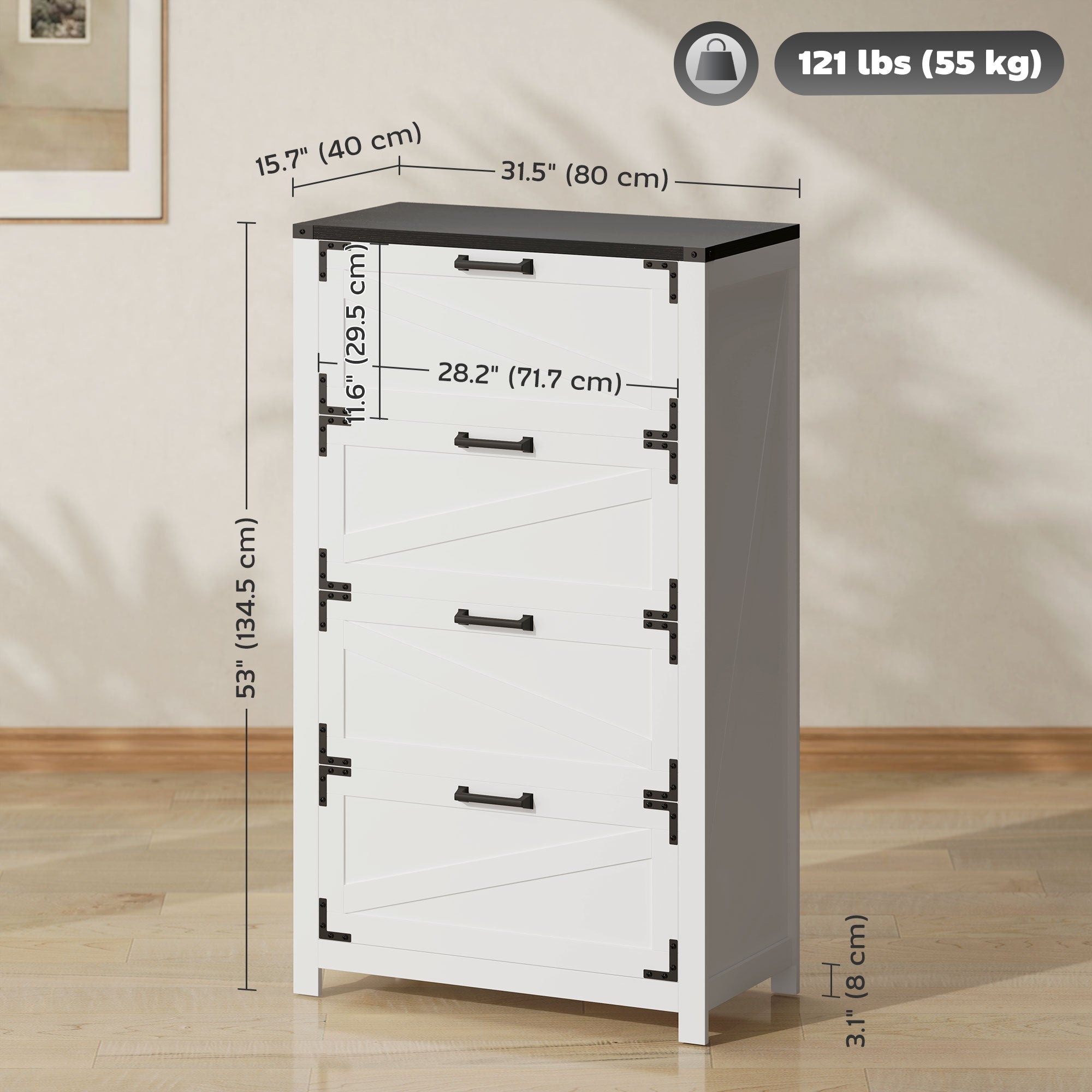 HOMCOM 4 Drawer Filing Cabinet, Farmhouse Office Storage Cabinet with Adjustable Hanging Bars for Letter, A4, Legal Size, White 