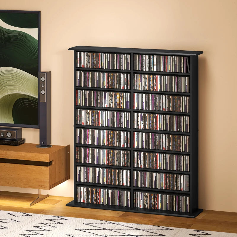 8-Tier DVD Shelf with 12 Adjustable Shelves, Double CD Shelf, Holds 720 CDs, 396 DVDs or 396 Blu-rays, Black