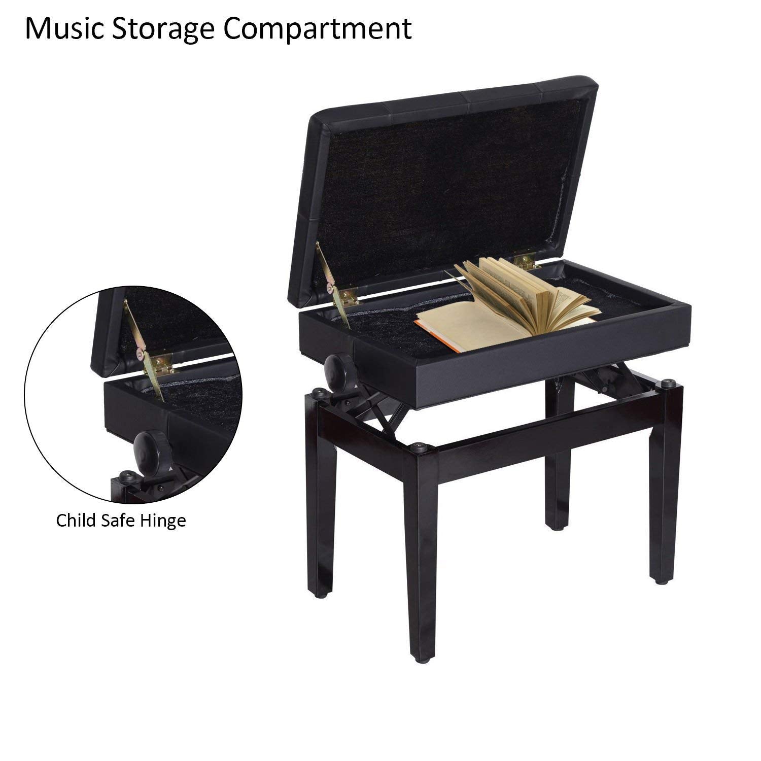 HOMCOM Height Adjustable Piano Bench w/ Thick and Soft PU Leather Padded w/ Enough Music Storage Design Black 