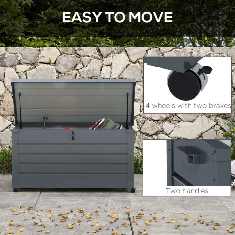 82 Gallon Garden Storage Box, Waterproof Outdoor Storage Container with Wheels and Handles, Dark Grey