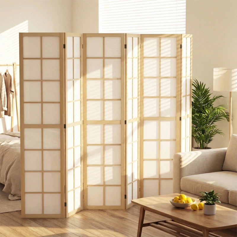 6 Panel Room Divider, 5.6 ft Folding Wall Divider Room Partition for Home Office, Bedroom, Living Room, Natural Wood