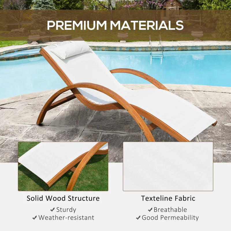 Outdoor Wood Sling Chaise Lounge Reclining Garden Mesh Lounger Patio Chair with Headrest Cream