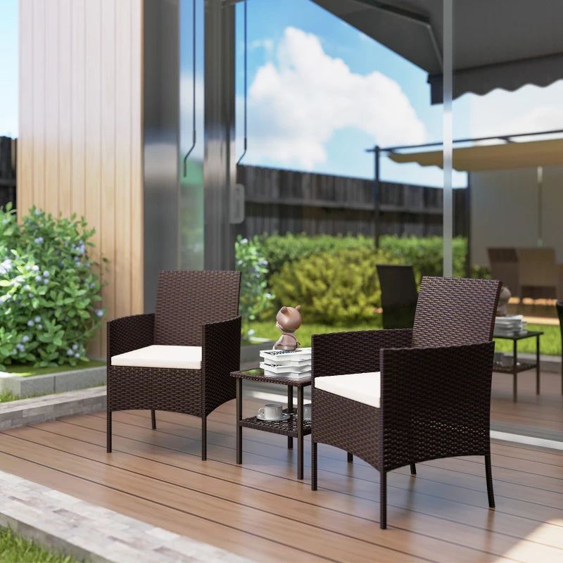 Wicker Bistro Set, 3 Piece Patio Furniture Set with 2-Tier Glass Top Table, Cushions for Balcony, Porch, Beige