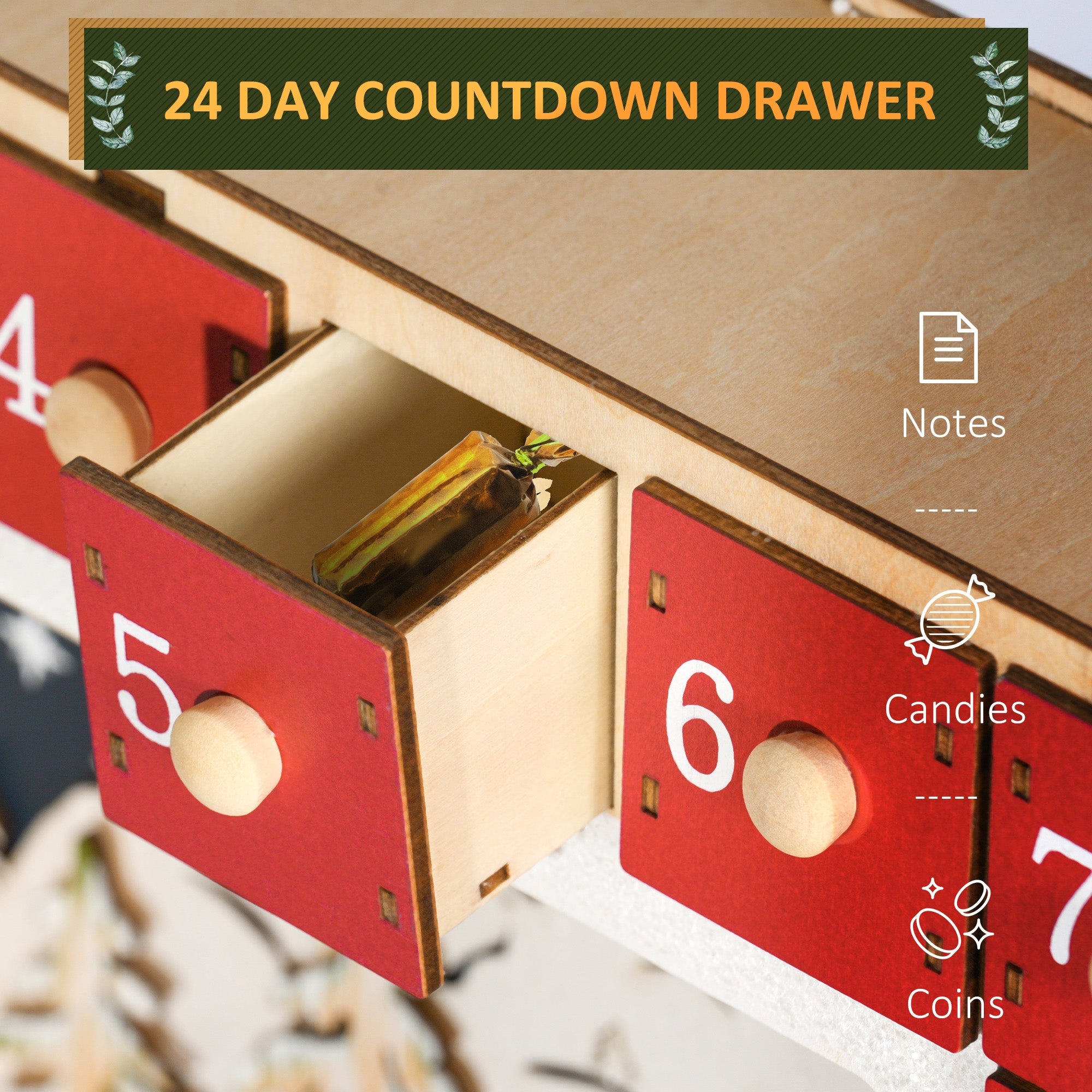HOMCOM Wooden Christmas Advent Calendar, Light Up Holiday Decoration with 24 Countdown Drawers, Battery Operated 
