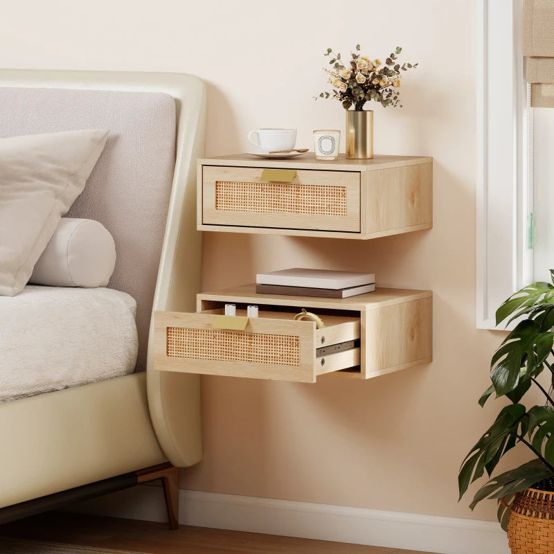Floating Bedside Tables Set of 2, Wall Mounted Nightstands with Rattan Drawer and Wood Effect, Oak