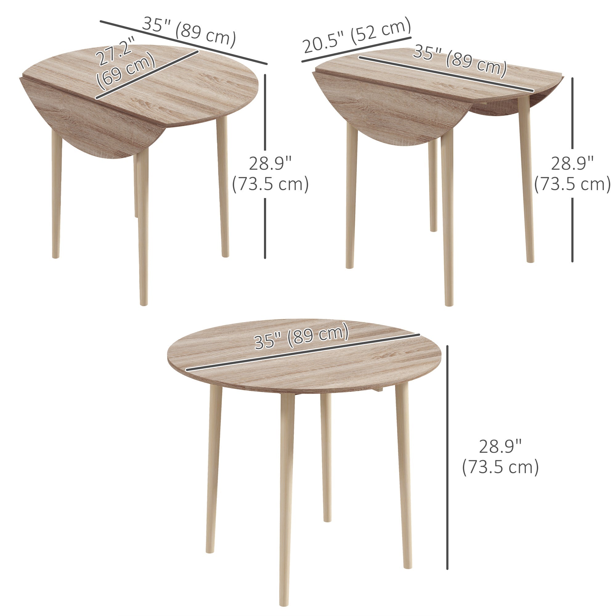 HOMCOM Folding Dining Table, Round Drop Leaf Kitchen Table for Small Spaces with Wood Legs, Oak 