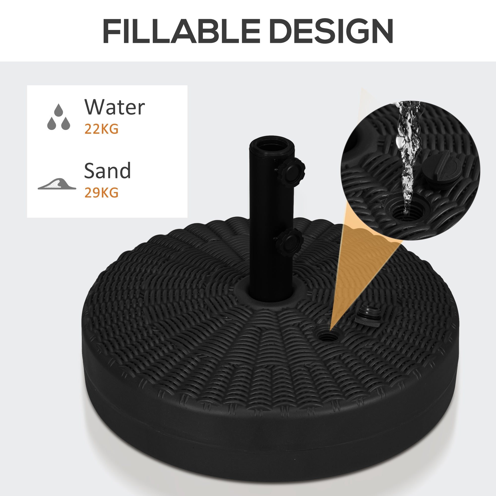 Outsunny Sturdy Stability: Round Umbrella Base Heavy Duty Fillable Stand for Patio Outdoor Steel Pole Holder, Black Finish 