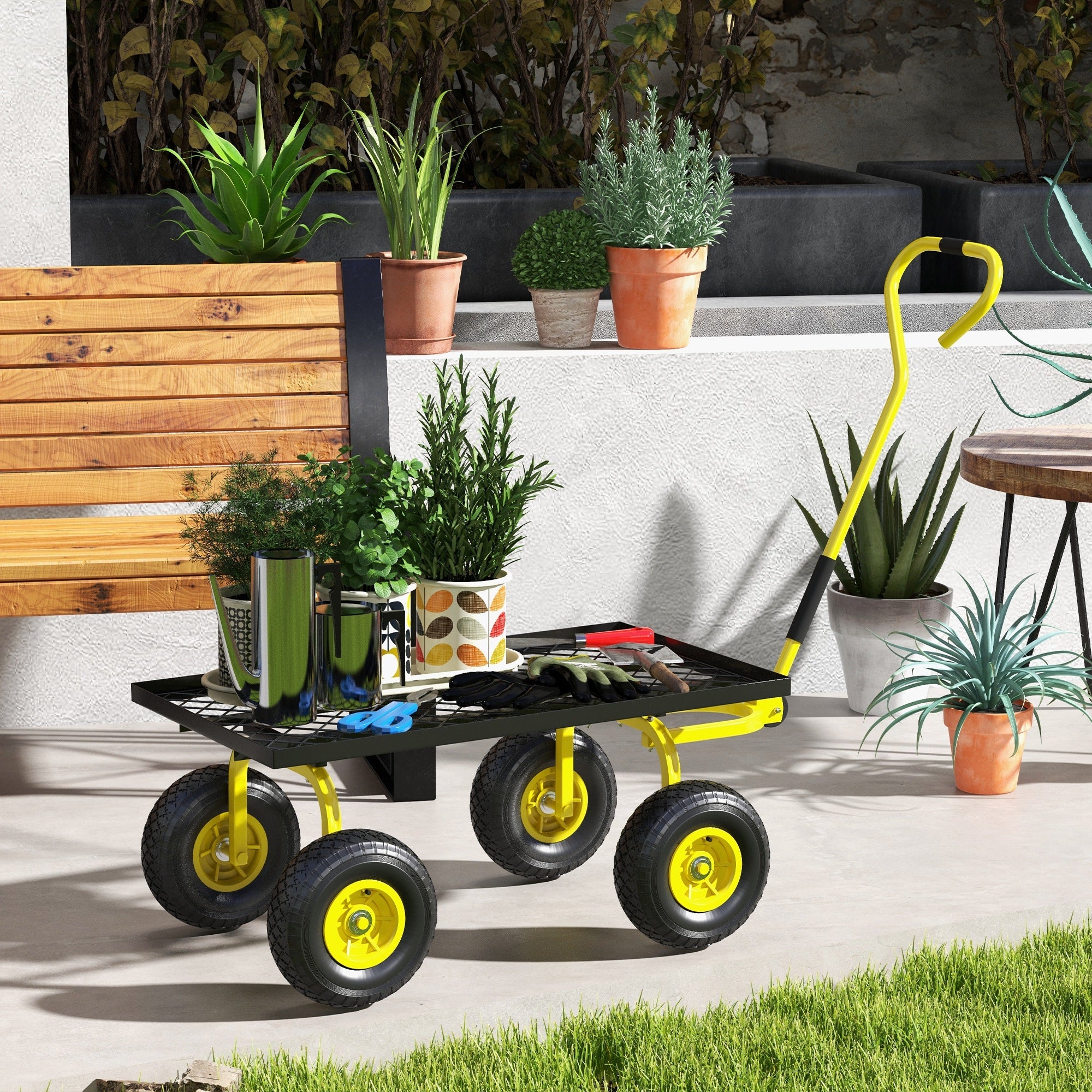 Outsunny Heavy Duty Garden Wagon Cart with 10" Wheels, 330 lbs Capacity, for Garden, Beach, Lawn, Yellow 