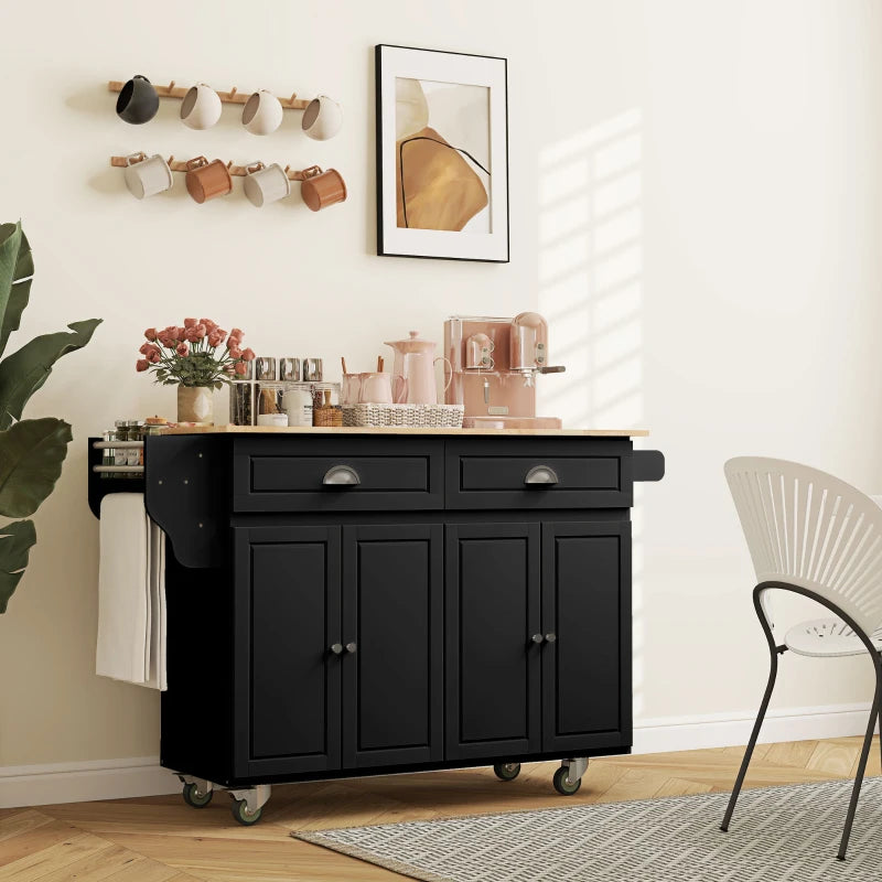 Kitchen Island with Storage, Rolling Kitchen Island with Drop Leaf, Rubber Wood Top and Adjustable Shelves, Black