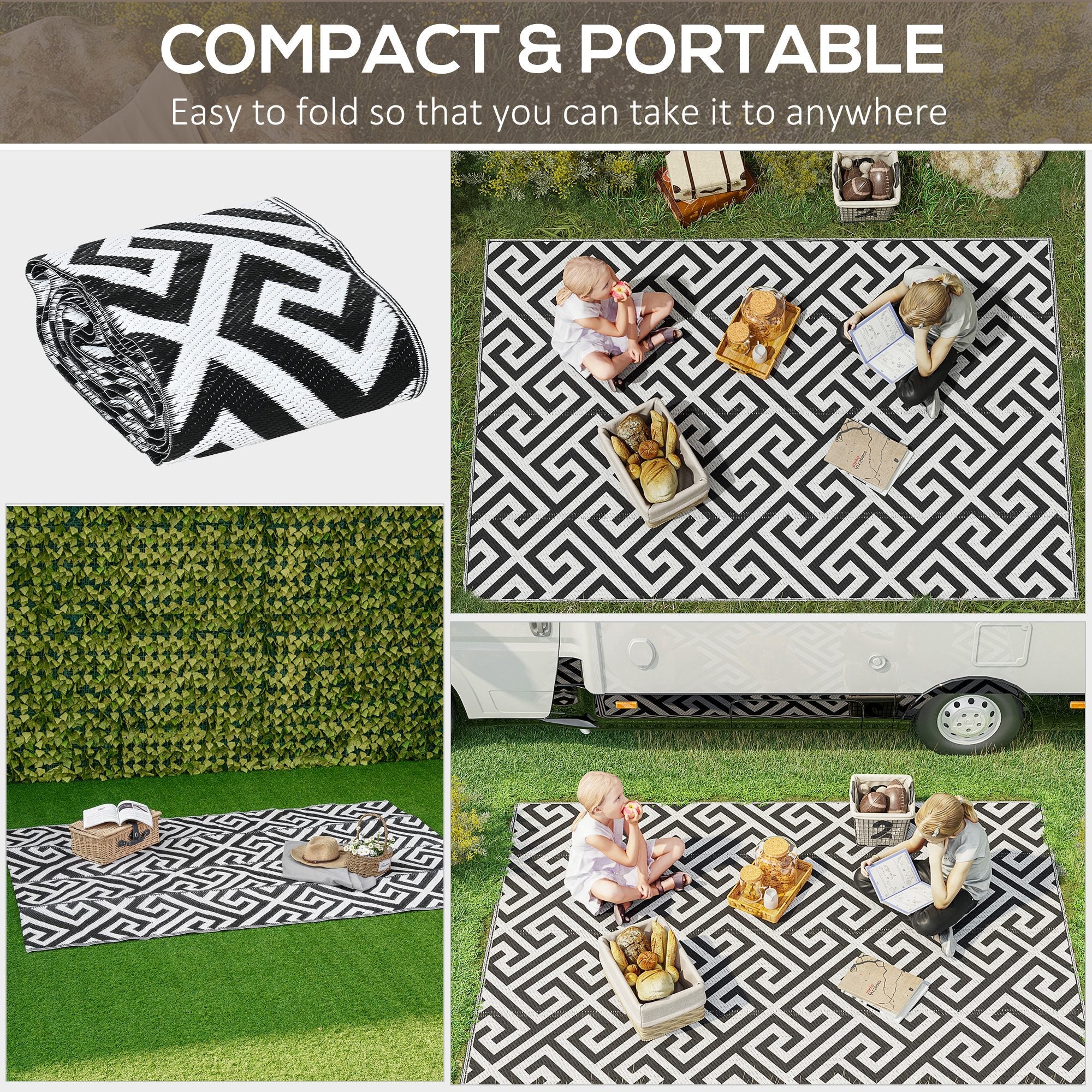 Outsunny Reversible Outdoor RV Rug, Patio Floor Mat, 5' x 8' Plastic Straw Rug for Backyard, Deck, Beach, Camping, Black & White 