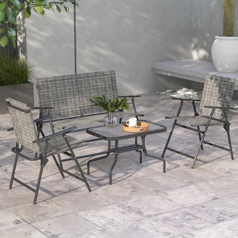 Outdoor 4 Pieces Patio Furniture Set, Garden Set with Two Foldable Armchairs, a Loveseat & Glass Top Table, Mixed Grey