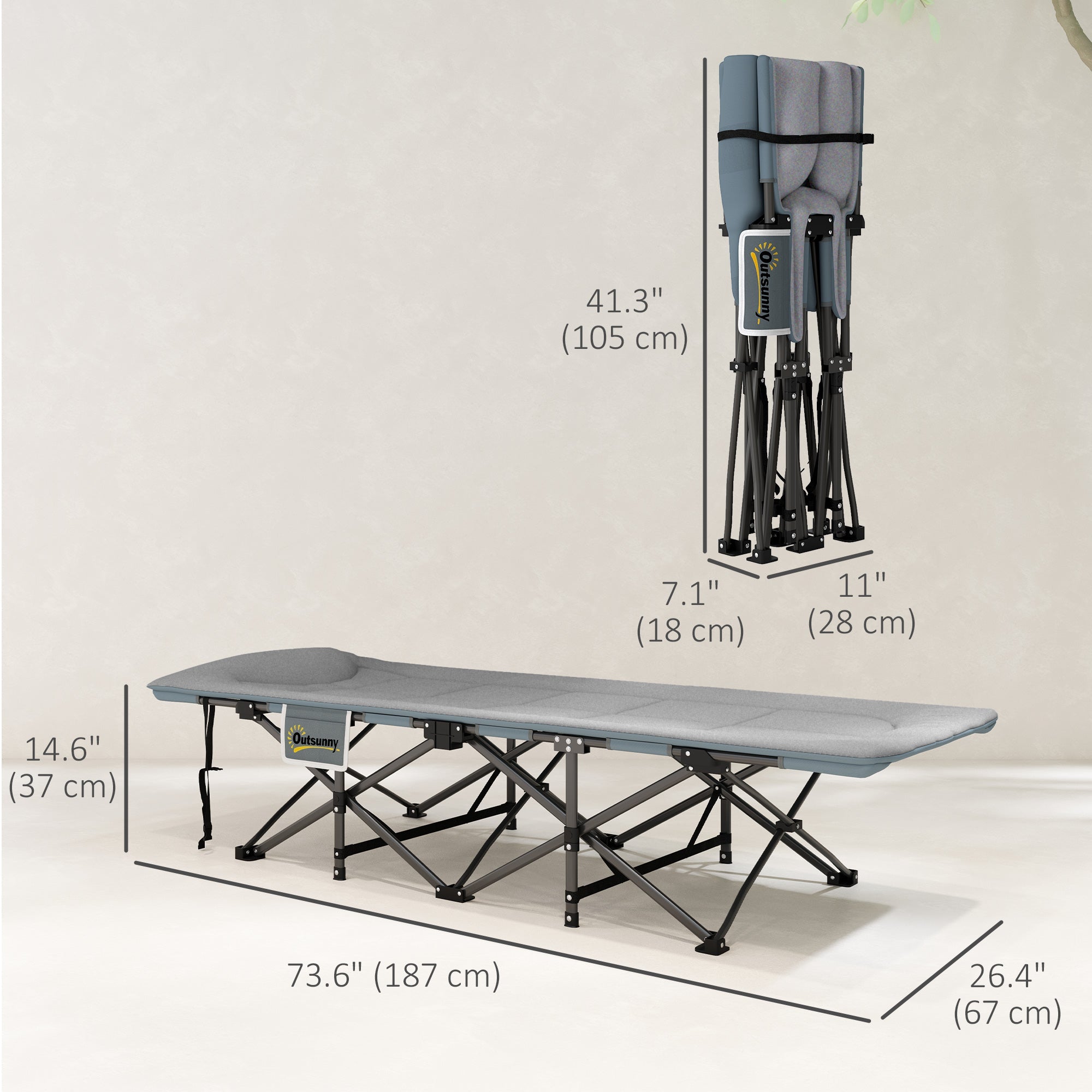 Outsunny 26.4" Wide Folding Bed, Camping Cot for Adults with Cushion, Storage Pocket, Max Load 330 LBS, Grey 