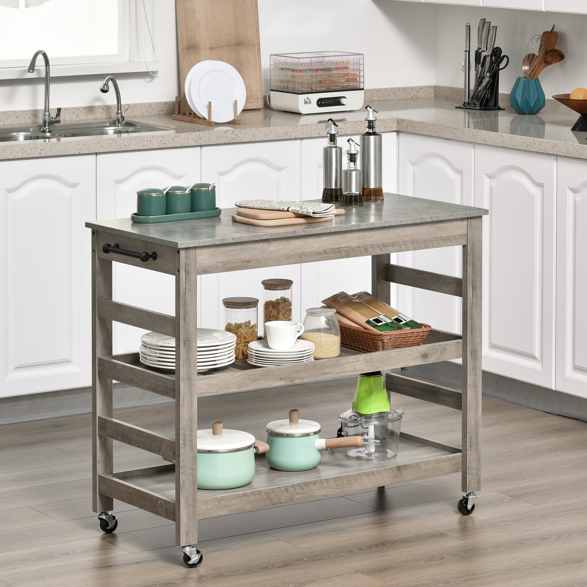 HOMCOM Culinary Companion: Rolling Kitchen Island Cart with Concrete Effect Top, Wine Rack Storage, Grey Utility Trolley 