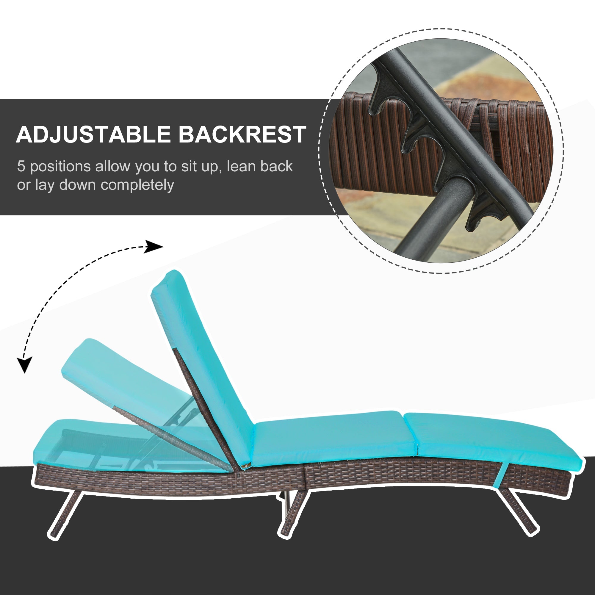 Outsunny Outdoor Wicker Chaise Lounge Chair S Shape Recliner 5-Level Backrest Turquoise Cushion 