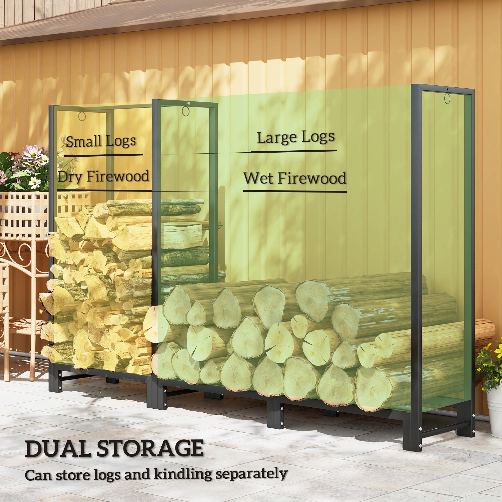 Outsunny 6ft Firewood Rack with Dual Space and Lock Rings, Steel Log Holder for Outdoor Indoor, Black 