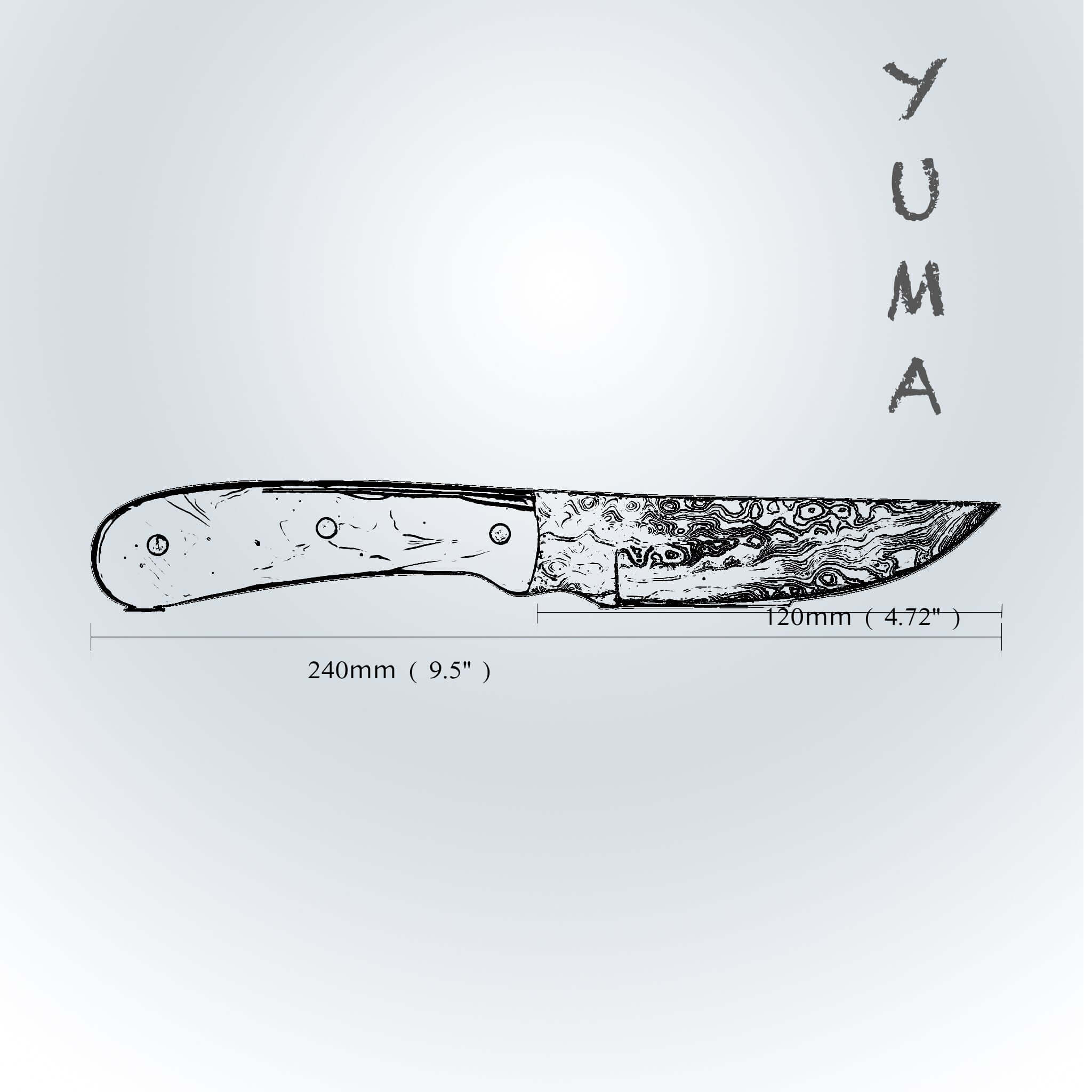 YUMA Damascus Steel Skinner Knife 5 inch blade with Original Cow leather sheath 