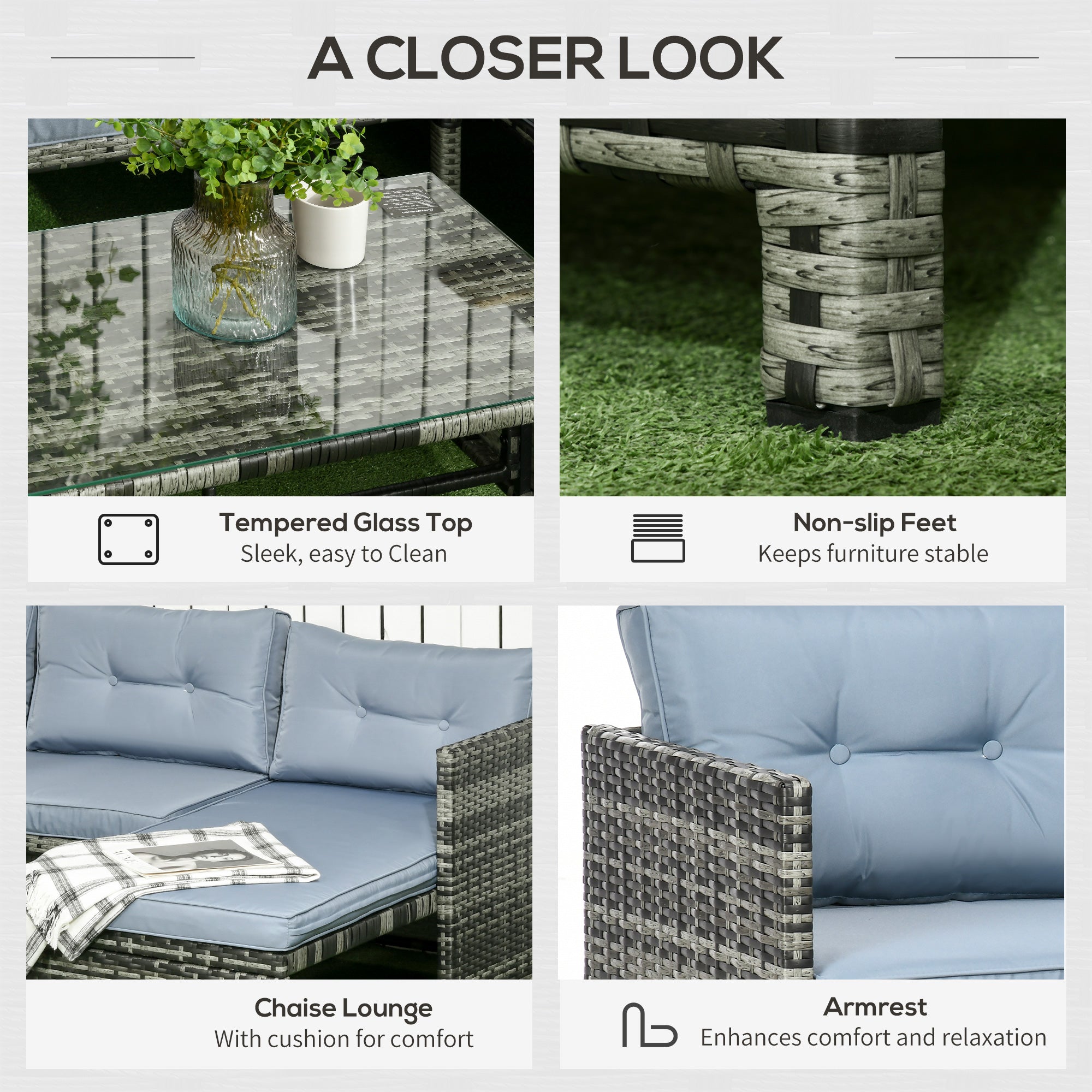 Outsunny Wicker Patio Retreat: 3PC Loveseat Chaise Lounge Set with Glass Table, Grey Cushions 