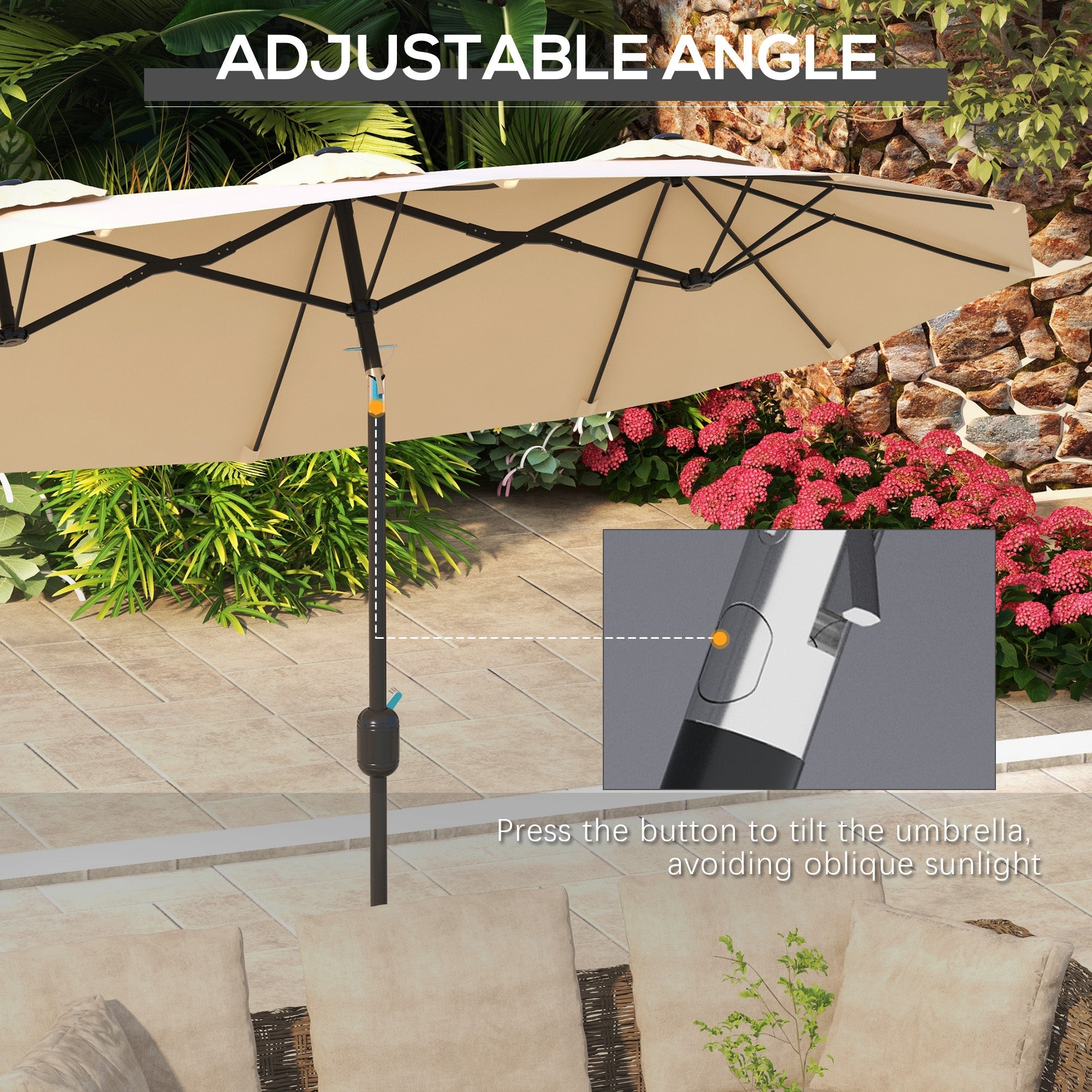 Outsunny 9.5' Double-sided Outdoor Patio Umbrella with Tilt, Crank and Vents, Brown 