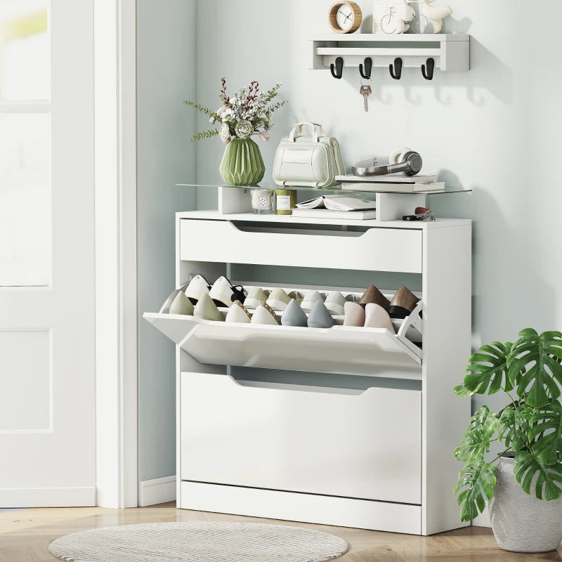 High Gloss Shoe Cabinet with 2 Flip Drawers and Adjustable Shelves, Narrow Shoe Storage Cabinet with Glass Top, White