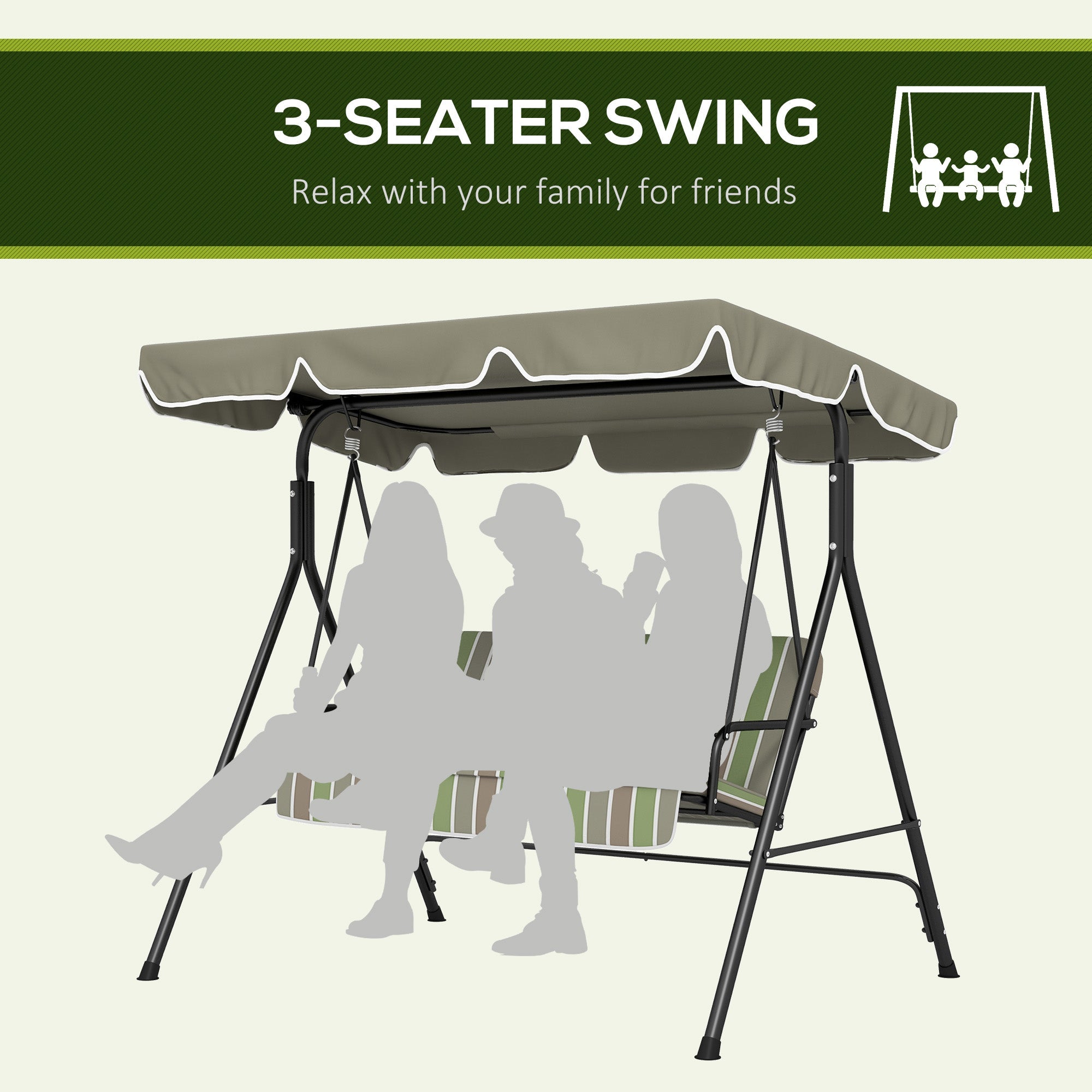 Outsunny 3-Seater Porch Swing with Adjustable Canopy - Outdoor Patio Swing Chair, Garden, Poolside, Green/Brown 