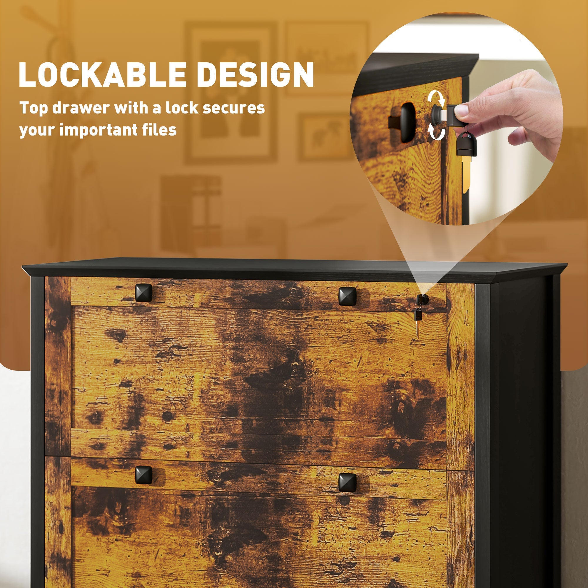 HOMCOM 2 Drawer File Cabinet, Lockable Filing Cabinet with Adjustable Hanging Bar for Letter, A4 Size, Rustic Brown 