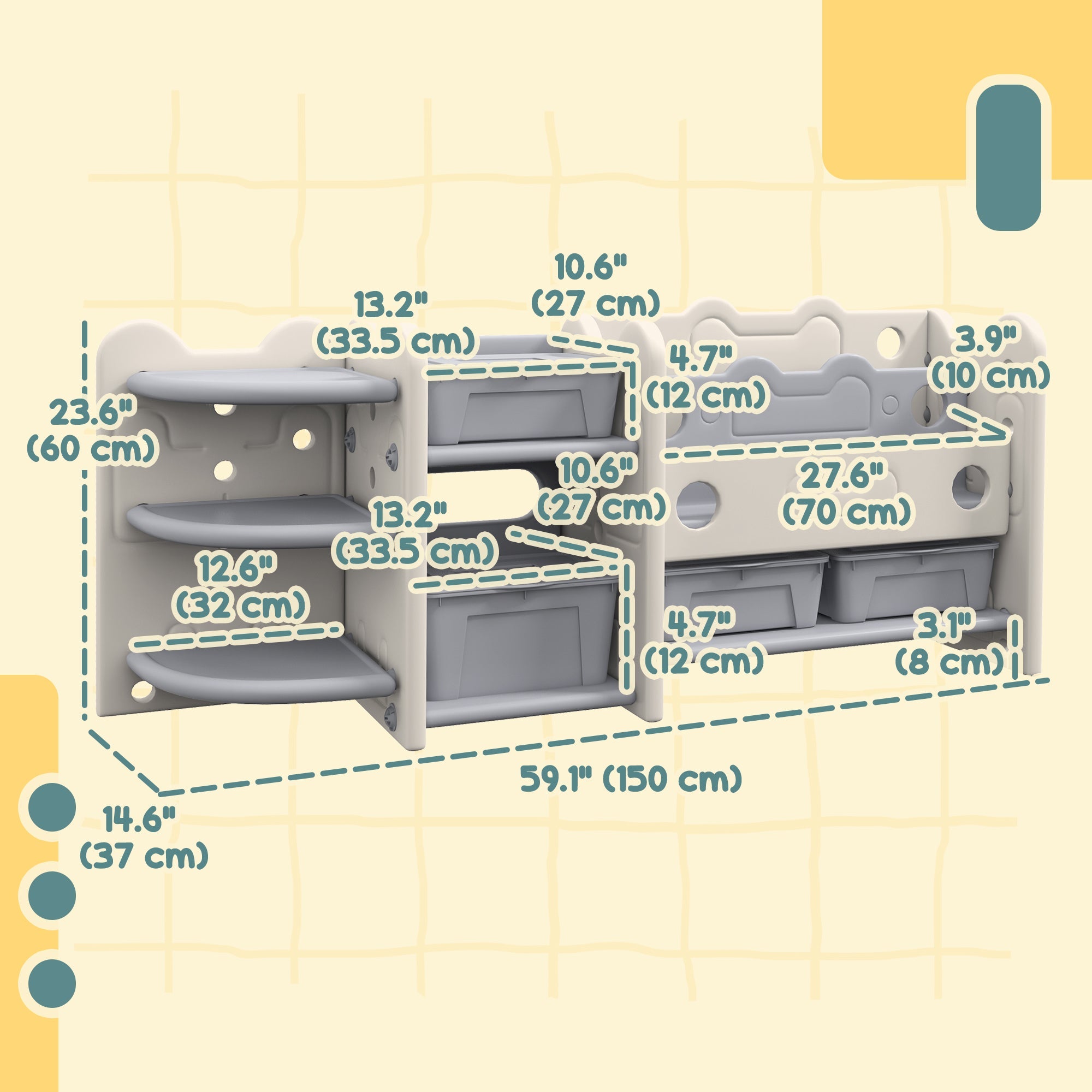 Qaba Toy Storage Organizer with 4 Storage Boxes, Bookshelves, Storage Racks, for Nursery, Kids Room, Playroom, Cream White 