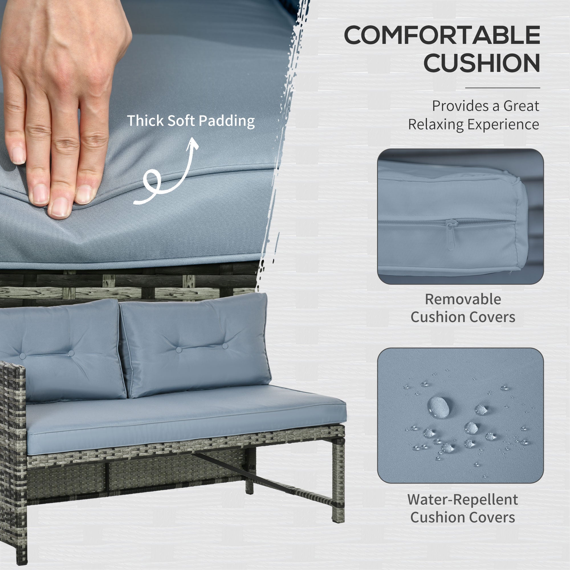 Outsunny Wicker Patio Retreat: 3PC Loveseat Chaise Lounge Set with Glass Table, Grey Cushions 