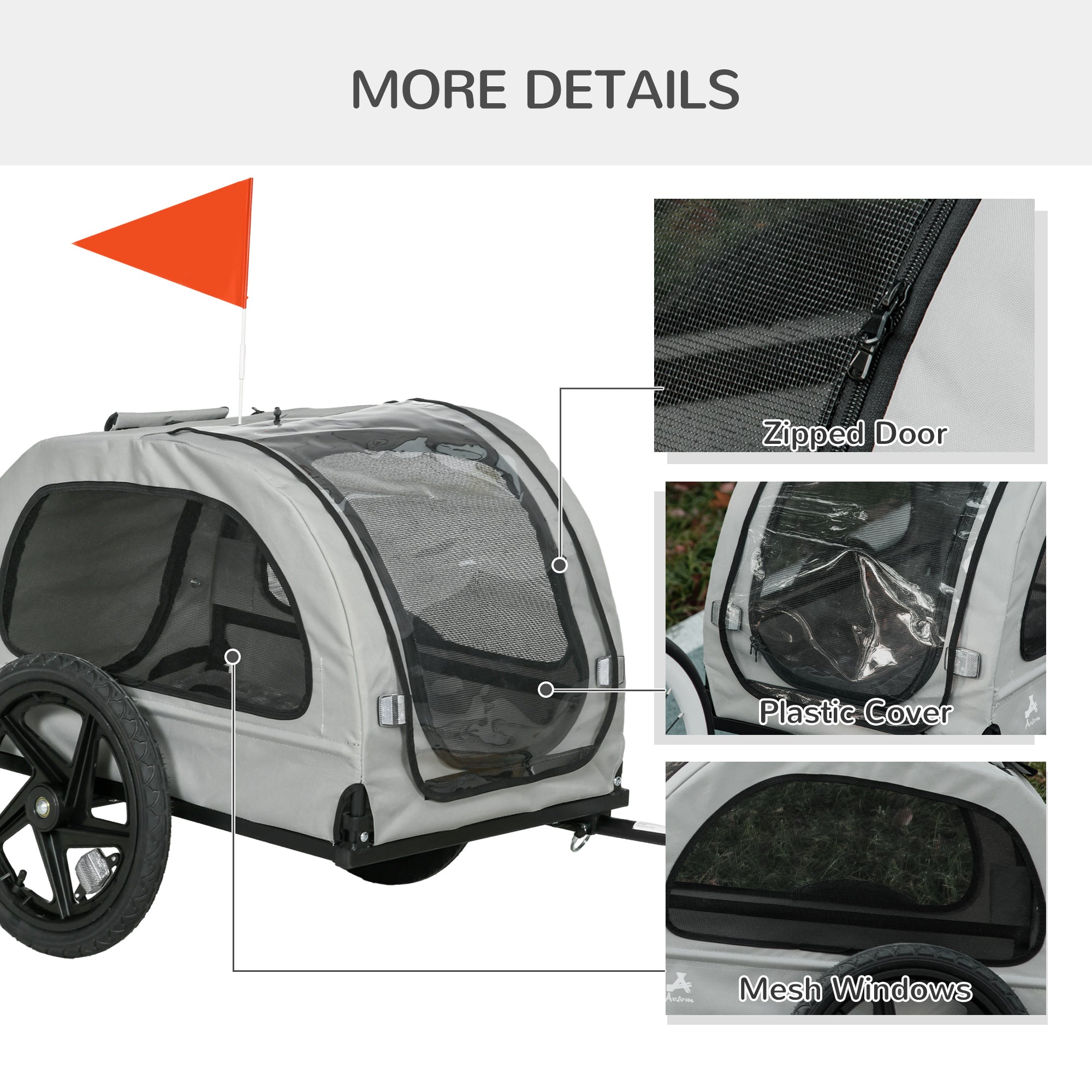 Aosom Dog Bike Trailer with Mesh Windows, Safety Leash, Safety Flag, Front/Rear Doors, for Medium Dogs Travel, Light Grey 