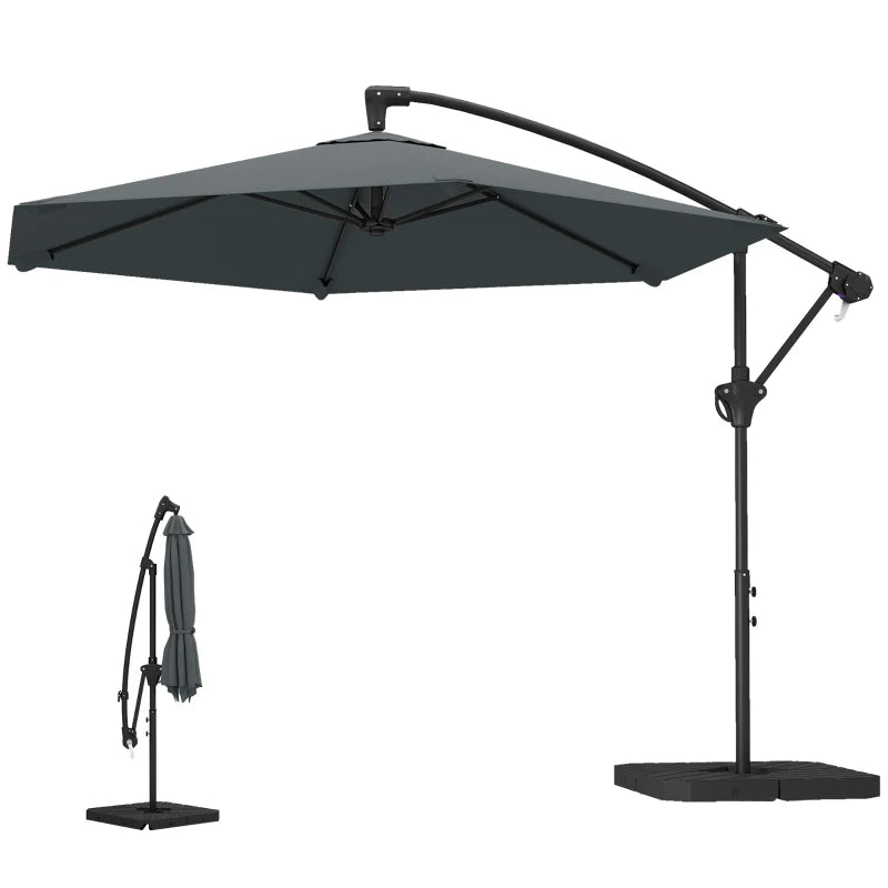 9.7 ft Offset Patio Umbrella with Water/Sand Fillable Weights, Garden Hanging Parasol with Locking Latch, Dark Grey
