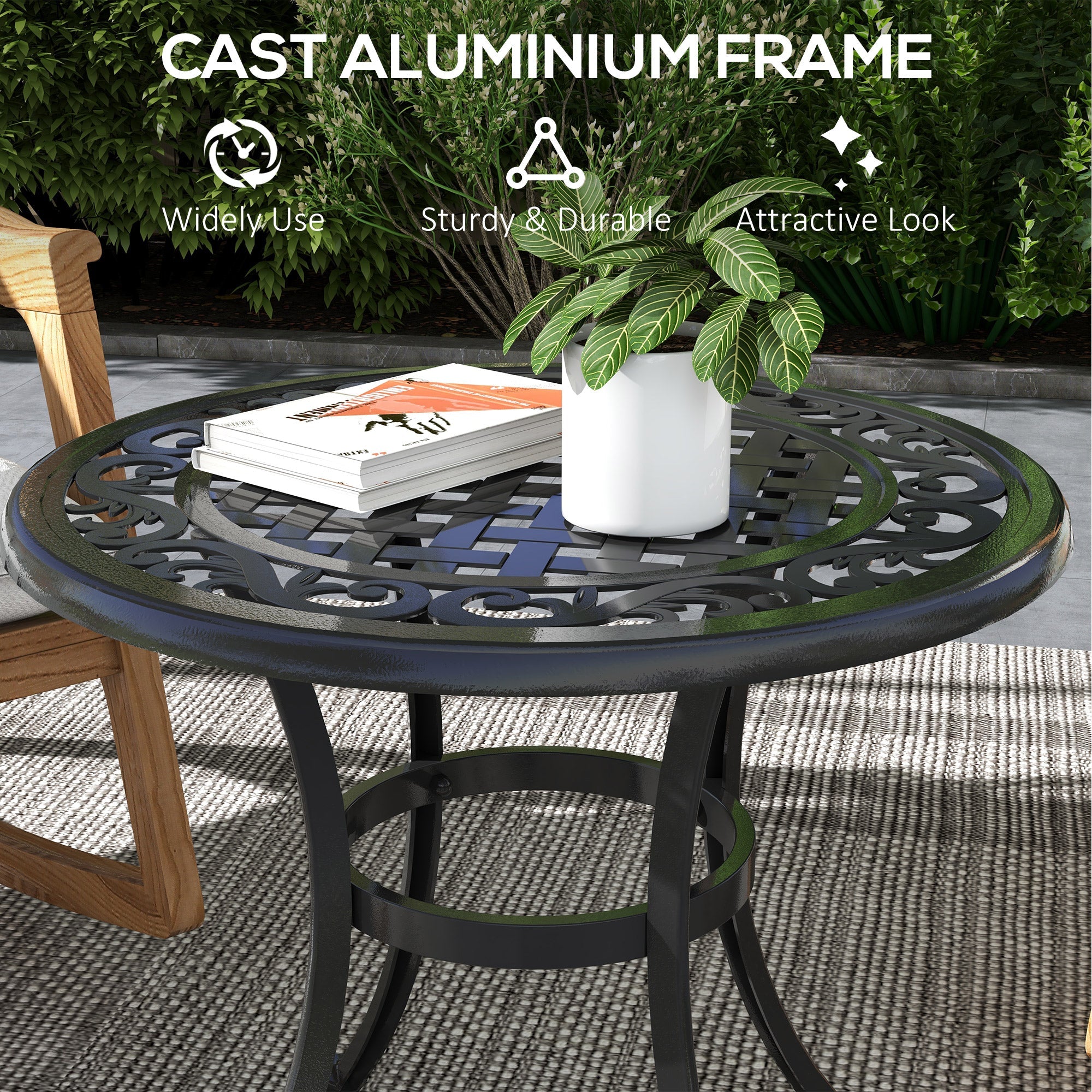 Outsunny Patio Table, Round Side Table with Cast Aluminium Frame, Adjustable Feet for Patio, Garden, Balcony, Black 