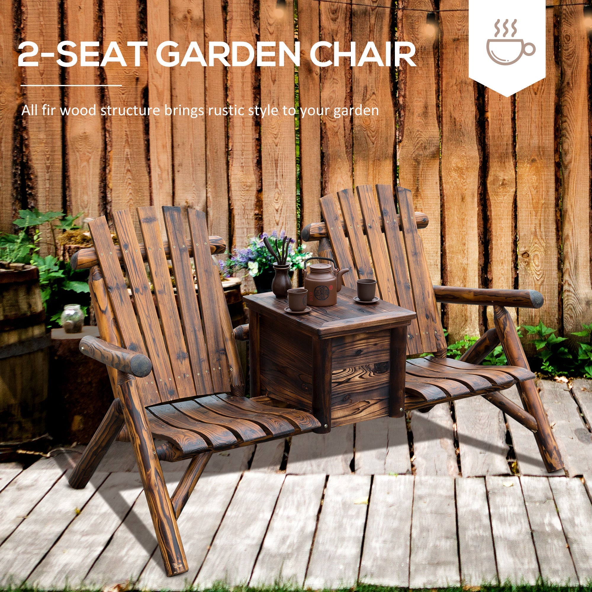 Outsunny 64" Wooden Adirondack Double Garden Bench 2-Seater Loveseat with Ice Bucket Rustic Brown for Patio Yard 