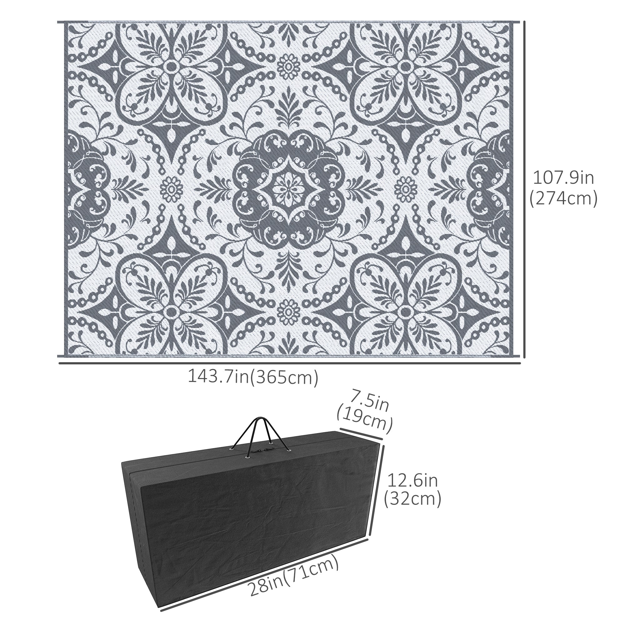 Outsunny 9' x 12' Portable Outdoor Rug Reversible Waterproof Mat with Carry Bag for RV Backyard Deck Grey 