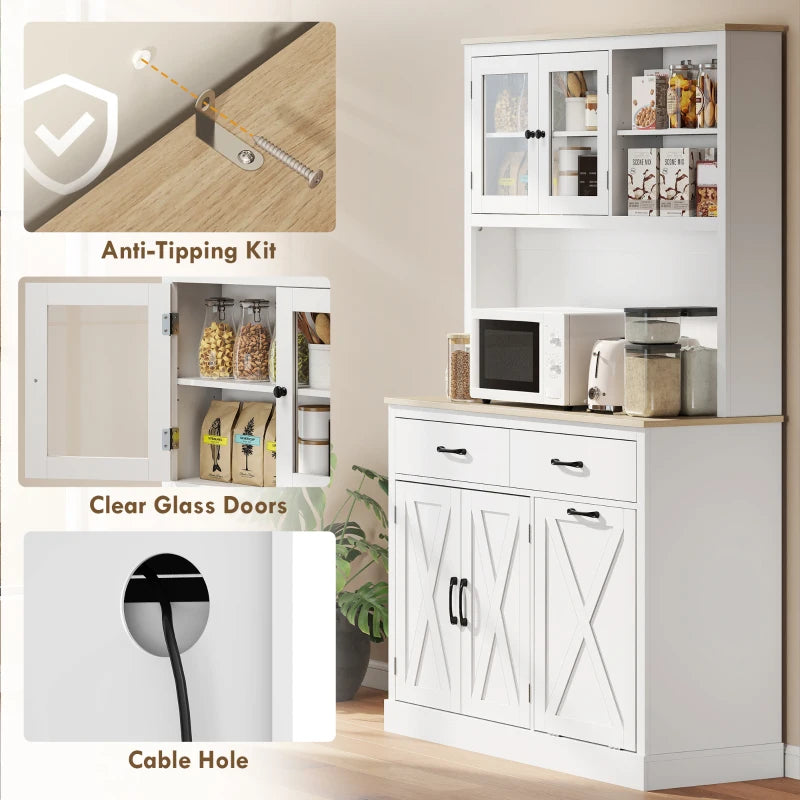 69" Kitchen Pantry Cabinet with Charging Station Kitchen Cabinet with Microwave Stand 7 Gallon Trash Can Cabinet White