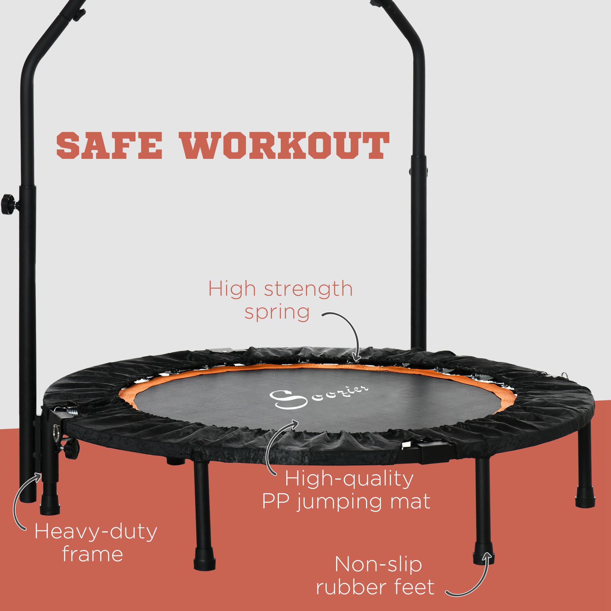 Soozier 40" Foldable Mini Fitness Trampoline, with Adjustable Foam Handle, Orange 