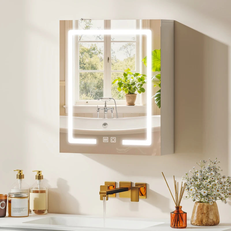Bathroom Medicine Cabinet with Lights, Wall Mounted Mirror Cabinet with Demister Pad, Adjustable Shelves, White