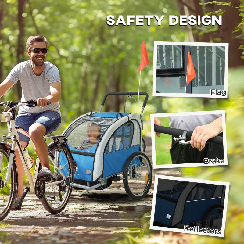 Aosom 2-in-1 Bike Trailer for Kids, Foldable 2-Seat Baby Stroller with 5-Point Harness, Rubber Wheels, Storage Bag, Blue