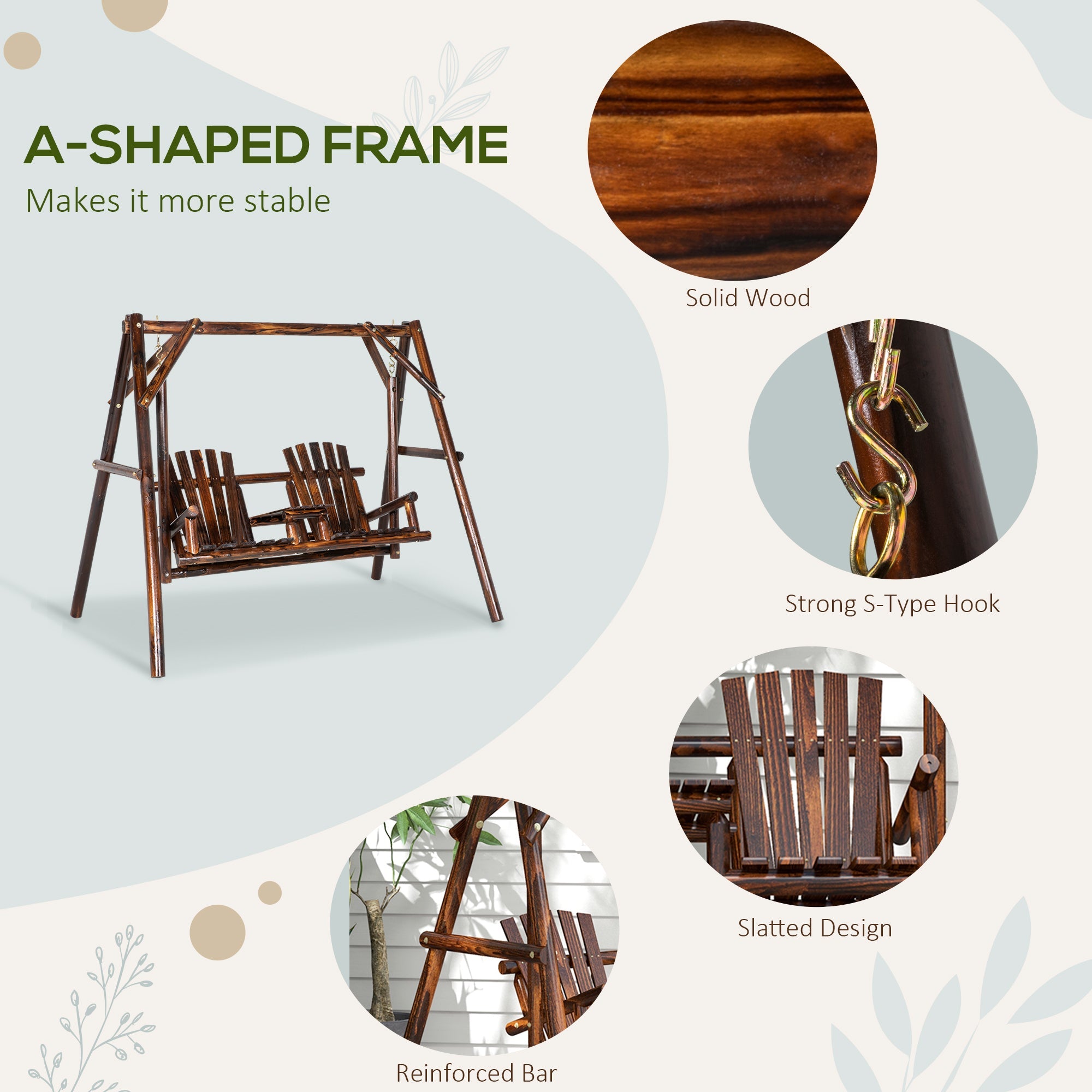 Outsunny Wooden Porch Swing with 2-Seat Design, A-Frame Outdoor Bench, Relaxing Swing with Center Table 