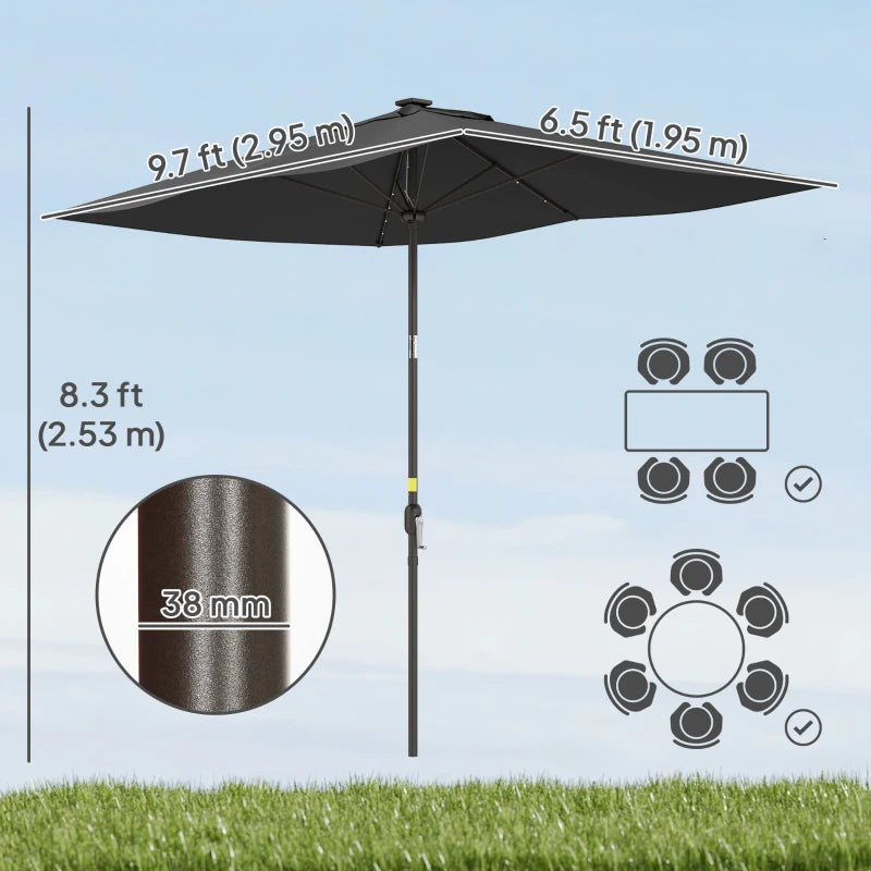 6.5x10ft Patio Umbrella, Rectangle Tilt Outdoor Market Parasol with LEDs, Black
