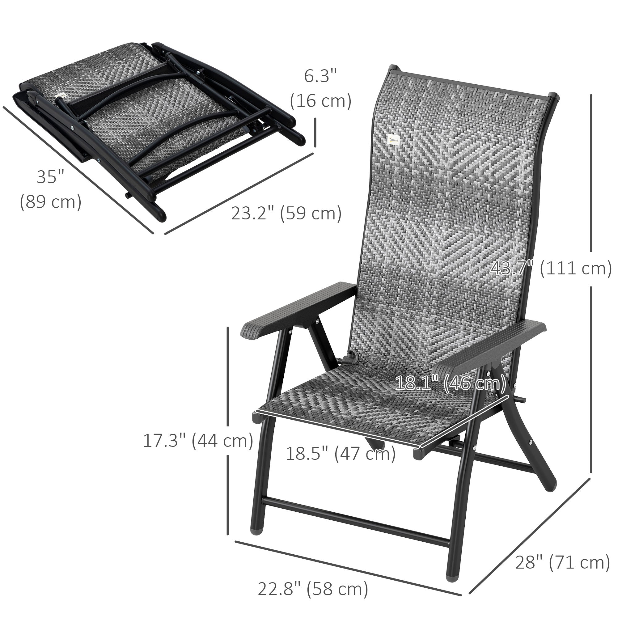 Outsunny 2PCs Outdoor Wicker Folding Chairs with Adjustable Backrest, Mixed Grey 
