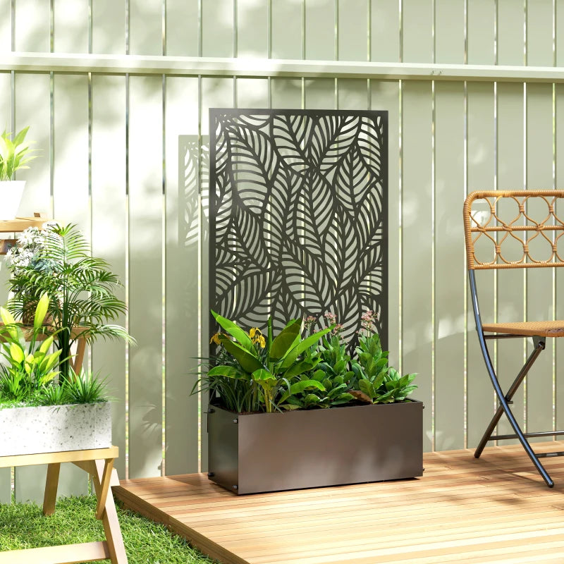Metal Planter Box with Trellis, 44.5" Raised Garden Bed with Trellis Privacy Screen for Climbing Plants, Leaves Cut-Out