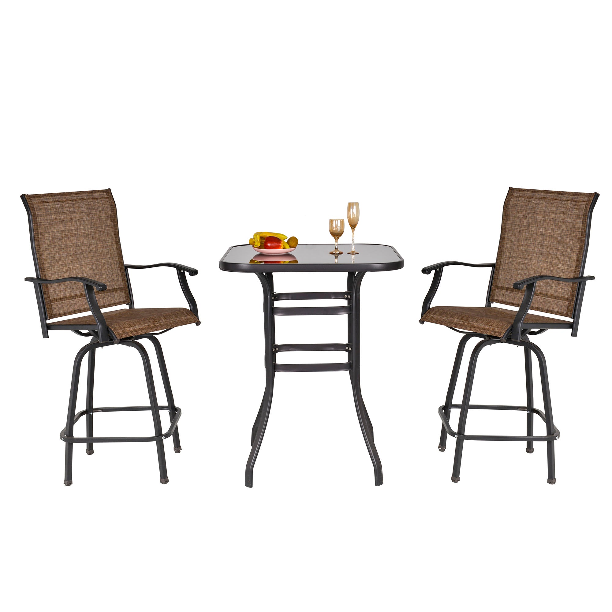 Outsunny 3 Piece Outdoor Patio Bar Set  2 Swivel Stool and 1 Bistro Table  All-Weather  Metal Frame for Balcony  Backyard  Deck  Brown 