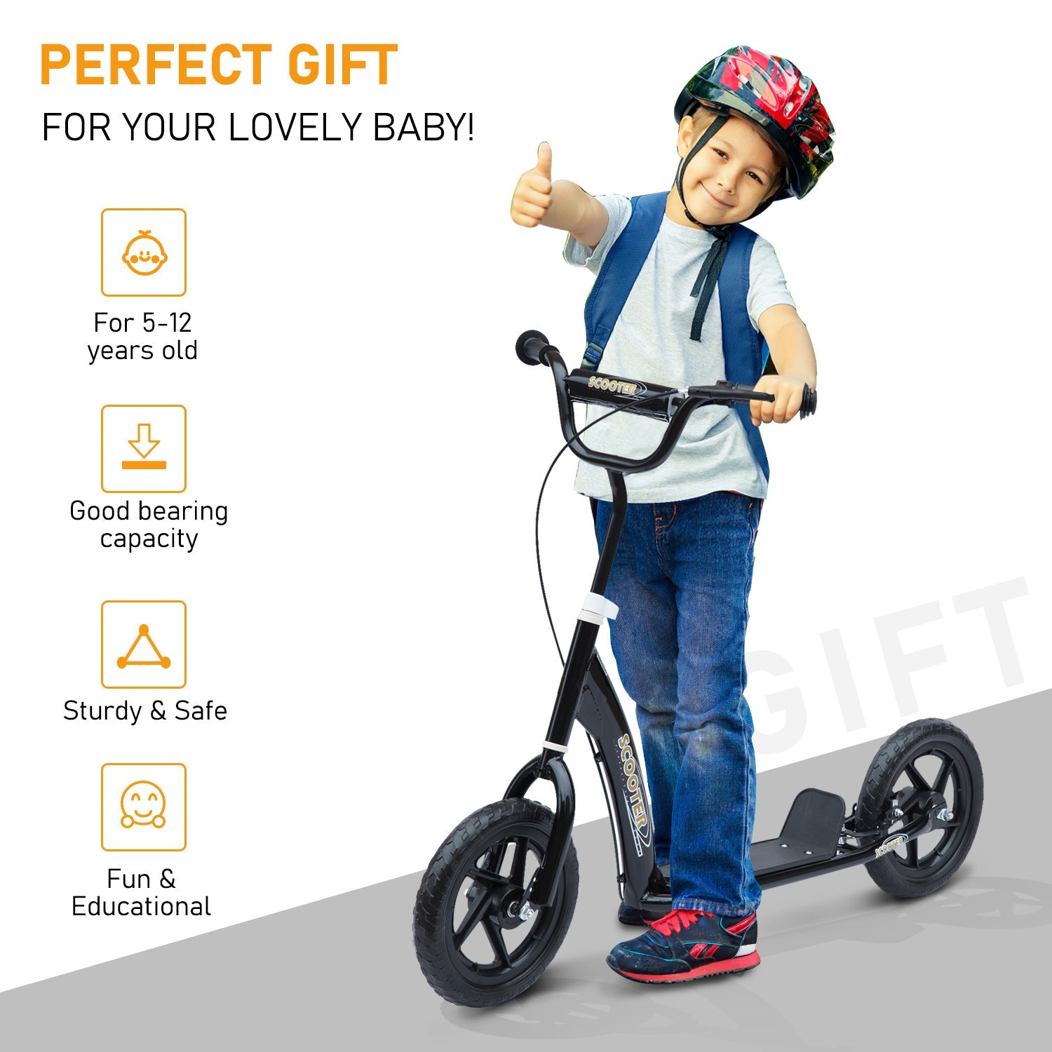 HOMCOM Street Cruiser: Kids Scooter Street Bike with 12" Tire for Ages 5+, Ride-On Toy, Black Finish 