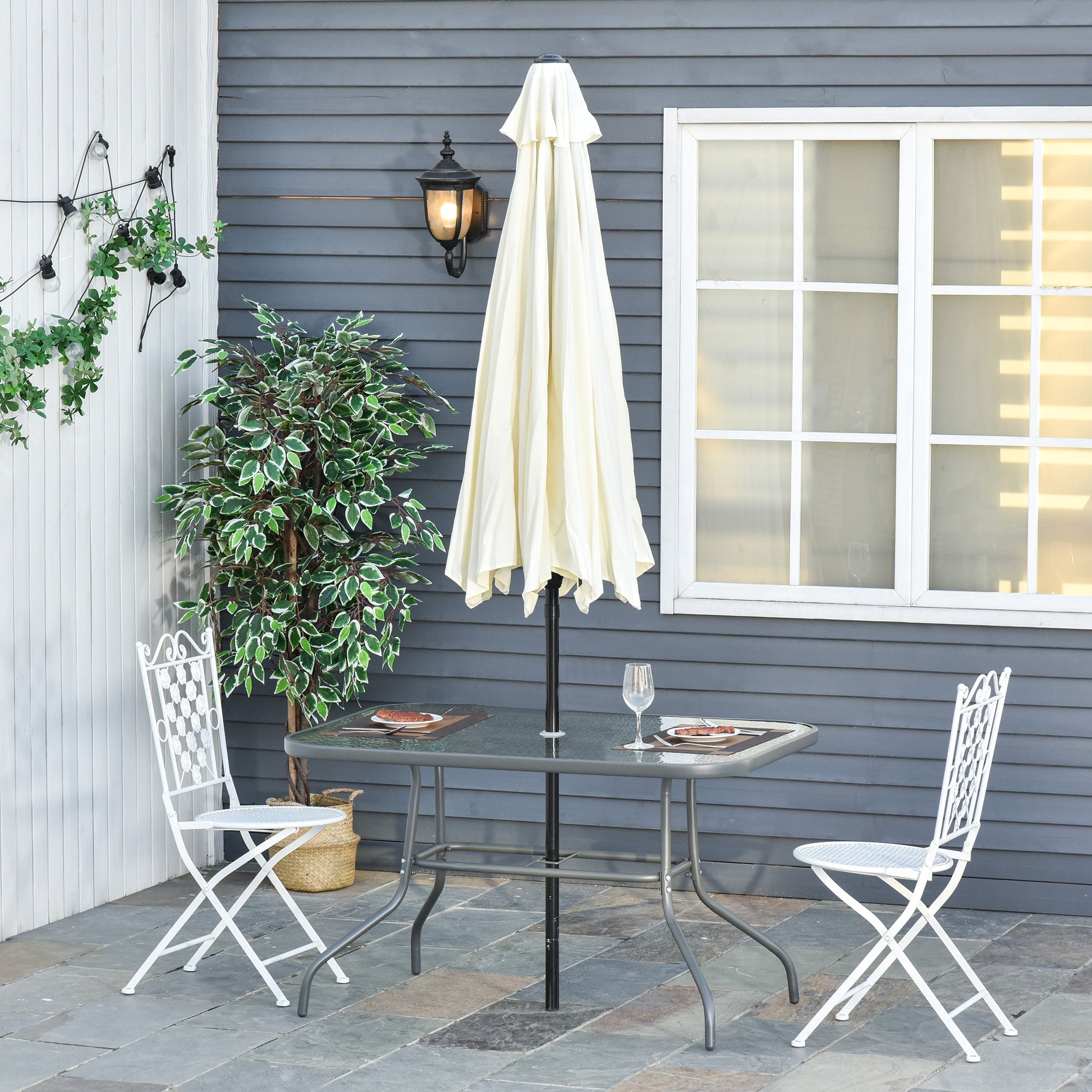 Outsunny Outdoor Patio Dining Table Metal w Tempered Glass Top Umbrella Hole Garden Furniture 47.25" x 31.5" 